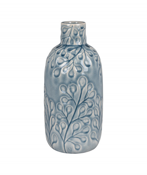 Blå keramik vase med flot blomster mønster