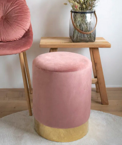 Gamby Puf - Puf i rosa velour med messing farvet kant