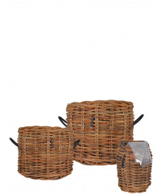 Rund rattankurv sæt m. 3 stk. forskellige størrelser inkl. poser
