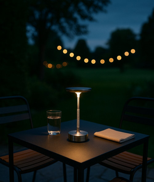 Sølv bordlampe med genopladelig batteri via usb