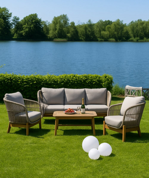 Terracina loungesofa i akacietræ og beige hynder