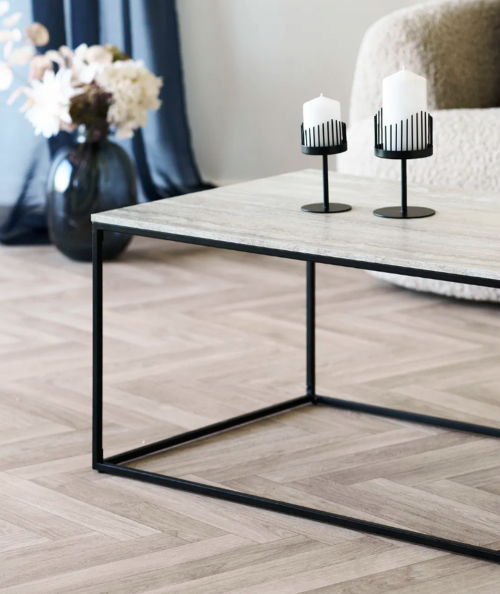 Vita sofabord i travertin look med sort stel