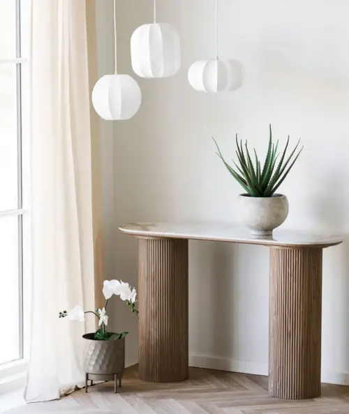 Athens konsolbord med keramik bordplade i hvid og mørkebrune farver