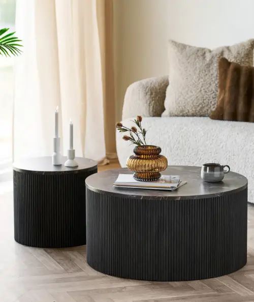 Rota rundt sofabord med marmor look i mørkebrun