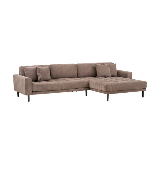 Lido lounge sofa, højrevendt i brun fløjl med fire puder og sorte træben