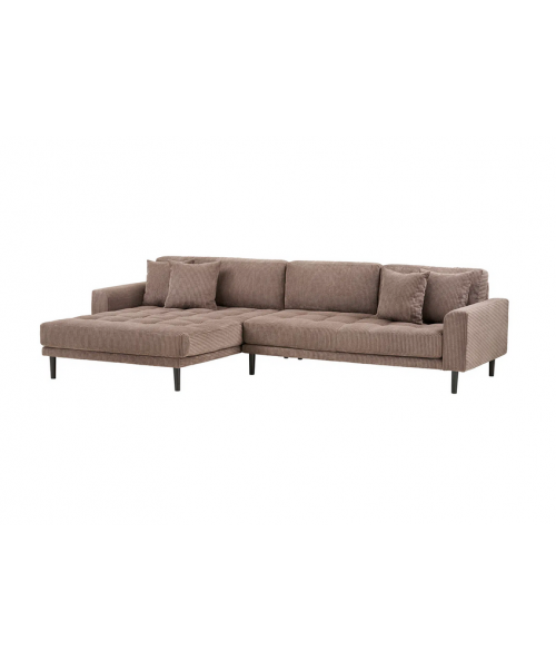 Lido lounge sofa, venstrevendt i brun fløjl med fire puder og sorte træben