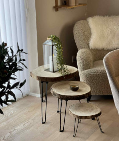 Rundt hjørnebord i træ med barkkant i 3 størrelser