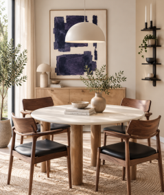 Fondi rundt spisebord i sand med cementlook Ø120 cm