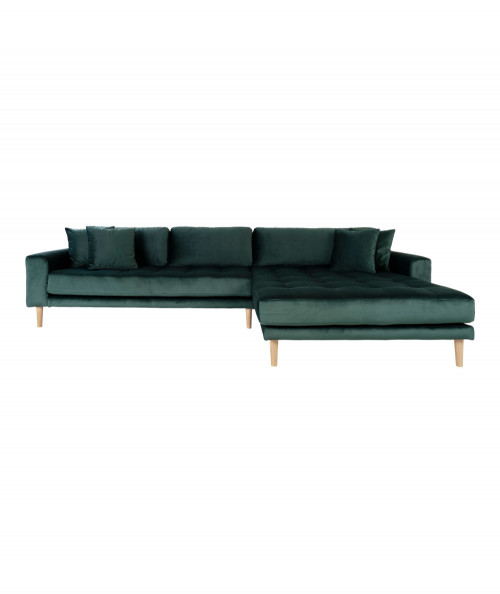 Lido sofa højrevendt i mørkegrøn velour med fire puder
