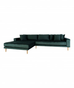 Lido lounge sofa venstrevendt i mørkegrøn velour med fire puder