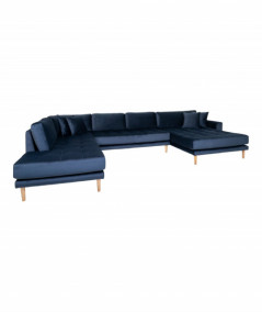Lido U-sofa med åben ende højrevendt i mørkeblå velour med fire puder